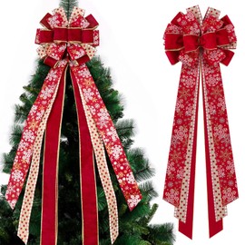 Kalolary Christmas Tree Topper Large Christmas Tree Bow Toppers Red Gold Snowflake Xmas Ornament Christmas Bow Topper Christmas Tree Decoration for Holiday Party Outdoor Indoor DIY Decor (48 * 12")
