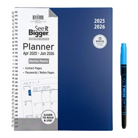 PlanAhead See IT Bigger April 2025 - June 2026 Monthly/Weekly Large Planner 8.5" x 11"and SUHEYLA Twin Fluresten Pen (Navy)