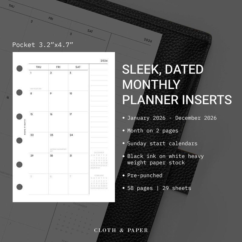 2026 Cloth and Paper Year Dated Monthly Planner Inserts |
