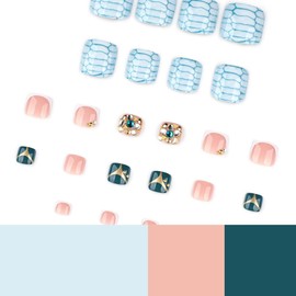 LINMEIZAI Press On Toenails, Square Fake Toe Nails Press ons Nail Tips Acrylic Nail Kit False Nails Turquoise Marble with Rhinestone Accents Stick On Toenails for Dark Skin Tone Women and Girls 24Pcs