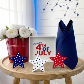 4th of July Table Decorations 3 PCS, Fourth of July Red White Blue Wooden Star Decor Centerpiece for Indoor Home, Patriotic Memorial Day Gifts Signs for Mantel Office Tiered Tray Pool Birthday Party