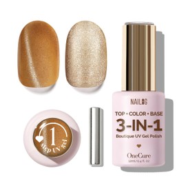 NAILOG One Step Gold Cat Eye Gel Nail Polish 12ml Top Coat Color Gel Base 3-In-1 Formula Soak Off UV Magnetic Gel Polish for Home DIY & Gifting | Golden Shaded