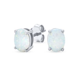 Traditional Simple Classic White Opulence Gemstone Created Opal Oval Stud Earrings .925 Sterling Silver 7MM October Birthstone