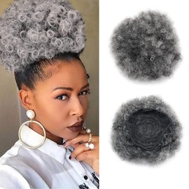 Afro Puff Drawstring Ponytail Extension Silver Afro Short Kinky Curly Hair Bun Extension Updo Hair Extensions with Two Clips for Black Women (T0906#)