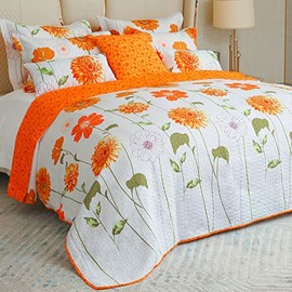 Floral Cotton Quilt Twin Size-2 Piece Orange Sunflower Bedding Set | Reversible Lightweight Twin Bedspread Set with 1 Pillow Shams | All Season Reversible Floral Bed Cover(Orange, Twin)