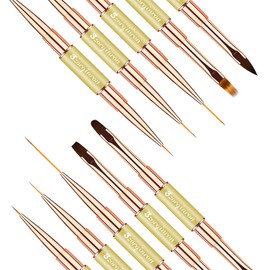 Nail Art Brushes for Nail Art, Professional 5Pcs Double-Ended Acrylic Nail Brush Set for Details, Long Lines, Ombre & 3D Design-Perfect for DIY Manicures & Salons (Gold)