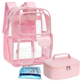PACKISM Clear Backpack with Insulated Lunch Bag and Ice Pack - 17 inch Heavy Duty Clear Bookbag with 3 Front Pockets for Students, Transparent PVC See Through Backpacks for School, Pink (Age 12+)