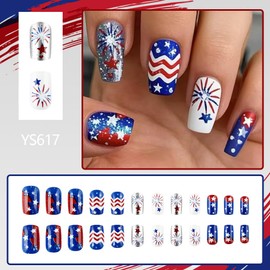 Independence Day Press On Nails Fireworks Fake Nails Red Blue White Glue on Nail Star Stripes Glossy False Nails Artificial Acrylic Full Cover Medium Square Stick on Nails for Women Manicure 24Pcs