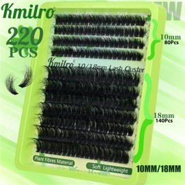Kmilro Fluffy Lash Clusters Kit 10+18mm Thick Cluster Eyelash Extensions Kit 180D D Curl Volume DIY Lash Extension 220pcs Thin Band Soft Wispy Individual Lashes Kit with Bond and Seal Lash Tweezers
