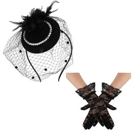 Fascinators Hats 20s 50s Hat Pillbox Hat and Lace Gloves Black