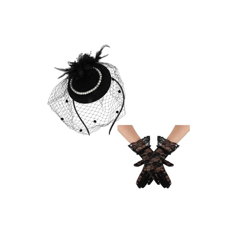 Fascinators Hats 20s 50s Hat Pillbox Hat and Lace Gloves