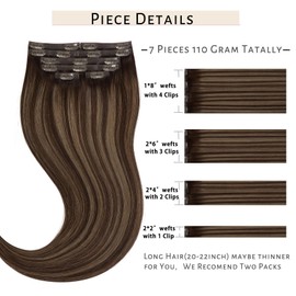 Caliee 22Inch Clip in Hair Extensions Real Human Hair 7Pcs 110G R2-2-6 Chestnut Brown Mixed Dark Brown Seamless Human Hair Clip ins Fluffy&Not Tangled Hair Extensions for Women