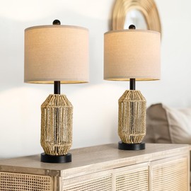 OYEARS 21" Boho Table Lamps Set of 2 for Living Room, Bedside Lamps for Nightstand, Rattan Lamp for Bedroom, Farmhouse Table Lamps for Boho Decor, End Table, Retro, Black