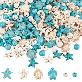 SUNNYCLUE 6 Strands 180~200 Pieces Turtle Beads Turtle Charms Starfish White Blue Beads Bulk Synthetic Turquoise 8 mm Round Beads Summer Ocean Sea Animal Beads for Jewellery Making P