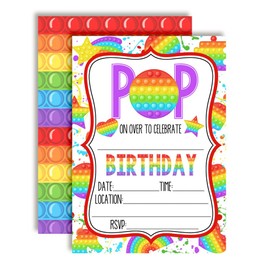 Pop On Over Popper Toy Fidget Themed Birthday Party Invitations for Kids, 20 5"x7" Fill In Cards with Twenty White Envelopes by AmandaCreation