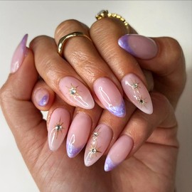 Medium Press on Nails Almond Fake Nails French False Nails Purple Artificial Nails with Gold Star and Rhinestones Designs Nude Stick on Nails for Women 24pcs