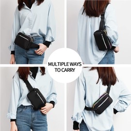 TINYAT Fanny Pack for Women Fashion Waist Packs 3 Zipper Pockets Crossbody Belt Bag Casual Bum Bag for Travel Hiking Cycling Party, T2016, Black