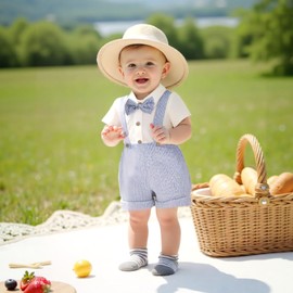 MOBJVIY Toddler Boy Gentleman Outfit Solid Color Short Sleeves Bow Tie Romper Shorts Set Baby Boys Summer Clothes (Blue, 12-18 Months)