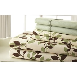 Spirit Linen home King Size Bed Sheets Set - 6PC Floral Ultra Soft Microfiber Bed Sheets - Easy to Clean, King Size Sheets with Fitted Sheet, Flat Sheet & Pillowcases (Beige/Green Leaves)
