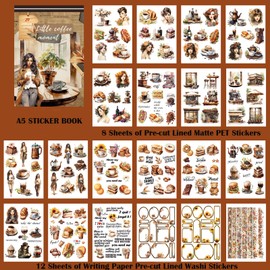 Pre-Cut Journaling Sticker Book, 20 Sheets Fashion Women Coffee Scrapbook Stickers,PET & Washi Stickers for Bullet Junk Journal Supplies, Aesthetic Vintage Stickers for Scrapbooking DIY Art Crafts