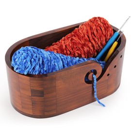 Coopay Vintage Elliptical Yarn Bowl with Large Capacity, Super Large Wooden Knitting Bowl for Wool, Handmade Yarn Bowl for Wool, Large, Wooden Wool Bowl for Crochet and Knitting Project, 28.5 x 15.5 x