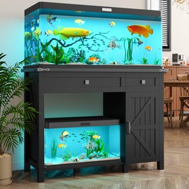 kepptory 40 Gallon Fish Tank Stand with Power Outlets, Farmhouse Decorative Aquarium Stand Furniture with Adjustable Shelves and Drawer, Reptile Turtle Tank Stand with Cabinet Storage (Black, 30-40GL)