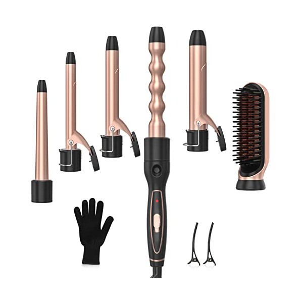 Curling Iron, 6 in 1 Curling Wand Set with Hair Straightener Brush, Professional Hair Curler with 6 Interchangeable Ceramic Barrels, Instant Heat Up Hair Iron with Heat Resistant Glove
