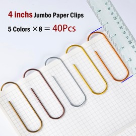 Giant Paper Clips, 40 Pcs 4 Inches Large Paper Clips -Timenu 100mm Jumbo Smooth Metal Multicolored Paperclips for Office School Document organizing