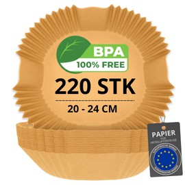 Baking Paper for Hot Air Fryer, BPA-Free, 20-24 cm, Square Paper in Casserole Dish (20-24 cm) and Flat Paper (20 cm), Airfryer Baking Paper (220 Pieces Square)