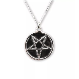 Real Metal Silver Pentacle with Hand Painted Black Enamel Pendant Necklace NK-656