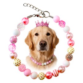 KUDES Valentine's Day Dog Collar - 20mm Chunky Bubblegum Pink Beads & Pearl Adjustable Necklace for Medium & Large Breeds, Strong Yet for Dog Moms (Pink, L(17"-18.5"))