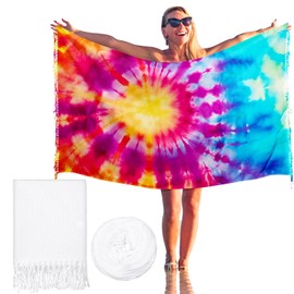 Windkream Turkish Beach Towels for Tie-dye 71x 35 Inch White Beach Towel with Tie Dye Thread Oversized Absorbent Towel Large Cotton Quick Dry Blanket for Adults Swimming Travel Pool Bath Sports Party