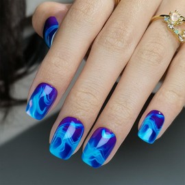 32 Pcs Blue Marble Press on Nails Mirror Short Square Acrylic Fake Nails Artificial False Glue on Nails for Women Girls DIY Nail Art
