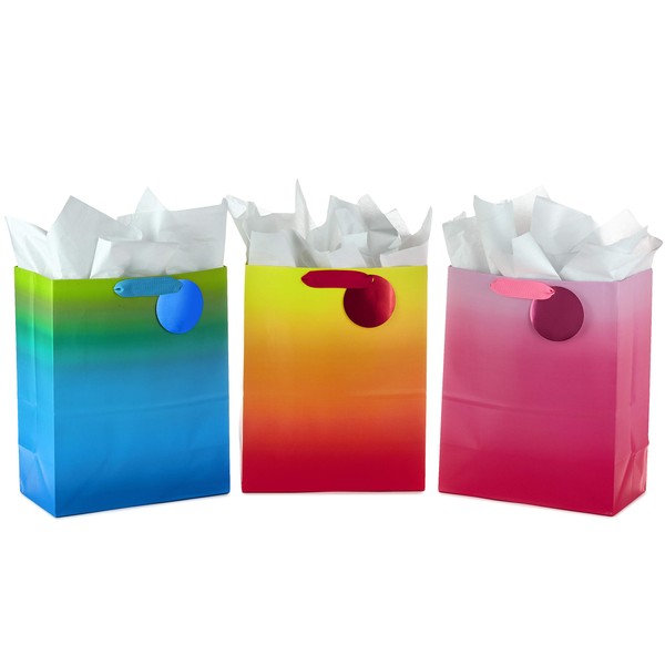 Hallmark 13" Large Gift Bags Assortment with Tissue Paper (Colorful Ombré) Pack of 3 for Birthdays, Halloween, Holidays, Baby Showers, Bridal Showers