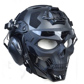 Tactical Full Airsoft Mask & Tactical Helmet with Tactical Headset,Ear Hearing Protection Noise Cancelling,Full Face Skull Mask Clear Goggle Paintball Gear (T-Black Helmet)