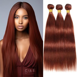QEUOPE Copper Red Straight Bundles Human Hair Color 33 Reddish Borwn Bundles Double Weft Brazilian Auburn Hair Extensions Silky and Soft for Women (28 30 32 inch 3 Bundles)