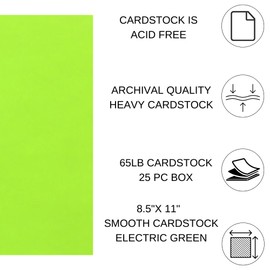 PA Paper Accents Smooth Cardstock 8.5" x 11" Electric Green, 65lb Colored cardstock Paper for Card Making, Scrapbooking, Printing, Quilling and Crafts, 25 Piece Pack