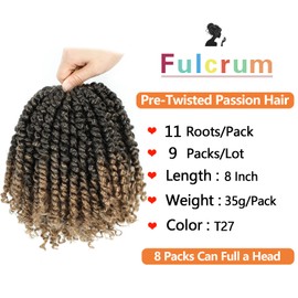 Fulcrum Passion Twist Crochet Hair 8 Inch, 9 Packs Pre Looped Passion Twist Hair, Pre-Twisted Passion Twist Crochet Hair For Black Women (8Inch (Pack of 9), T27#)