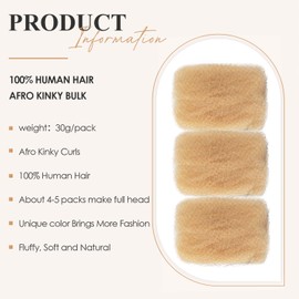 JIAJIA Teresa Afro Kinkys Bulk Human Hair for Twists, Braids and Dreadlocks, Natural and Soft Afro Kinky Curly Human Hair Bulk Can be Dyed and Bleached (10 Inch, #613, 30g/Pack)