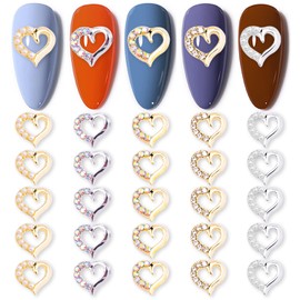 WOKOTO 30 Pcs 3D Gold and Silver Heart Nail Charms and Rhinestones for Acrylic Nails Luxury Nail Heart Charms for Nail Art Jewels Valentines Day Heart Nail Rhinestones for Nails Art Gems for Nails