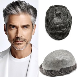 RESHE Men Hair System Human Hair Toupee For Men 0.06mm Ultra Thin Skin Mens Toupee 8x10 Inch Real Human Hair Mens Hair Piece 6x8-100% light to Medium density#1B50 1B# OFF BLACK+50% GREY