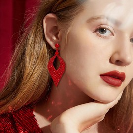 BriLove Bohemian Boho Dangle Earrings for Women Crystal Hollow Leaf Chandelier Earrings Ruby Color Red-Silver tone