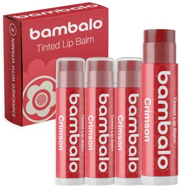 Paquete de 4 bálsamos labiales con color carmesí ingredientes naturales y orgánicos, hidratantes y humectantes, fabricados en EE. UU.                 
