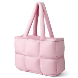 CarryWise Puffer Tote Bag for Women, Large Quilted Puffy Handbag Lightweight Satchel Purse for Work Travel Gym Shop, Pink, Large
