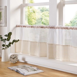 Gingham Trim Voile Café Curtain Panel, Traditional Checked Design, Sheer Kitchen Voile Curtains, Net Curtains (59" x 24", Beige)