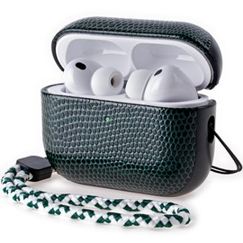 RIXENY Leather Case for AirPods Pro 3 (3rd Gen 2025), Adjustable Lanyard, Vegan Lizard Texture Leather, Hard Shell, Scratch/Shock Proof, Wireless Charging, for Fashion & Luxury Lovers, Green