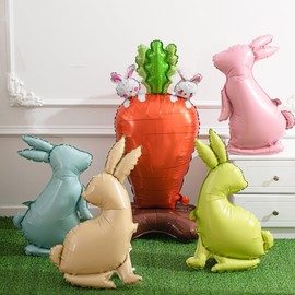 Cinnvoice 5 Pcs Easter Balloons Large Size Bunny Rabbit Carrot Shaped Foil Balloons with Base Standing for Happy Easter Birthday Party Spring Baby Shower Animal Themed Party Decorations