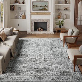 HUGEAR 5x7 Area Rugs for Living Room Vintage Machine Washable Rugs Grey Lightweight Chenille Print Rug Low Pile Carpet Throw Rug for Bedroom Office Dining Room Kitchen Laundry Room Non Slip