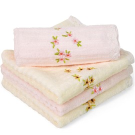 Bathroom Washcloths Face Towels 4-Piece, Floral Embroidered, Cotton, Pink & Cream 13” x 13"