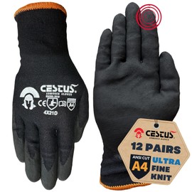 Cestus C-40, 12 Pack ANSI A4 Cut Resistant Work Gloves for Men, Touchscreen, Nitrile Coated Grip for Construction, Warehouse